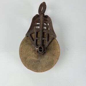 Antique Industrial Barn Pulley Wheel Rustic Primitive Cast Iron & Wood Decor c.1
